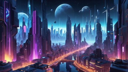 Poster - wallpaper illustration cityscape evening vibrant style