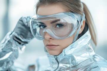 Woman adjusting clear protective goggles in silver suit