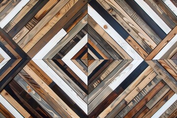 Wall Mural - Geometric pattern made from various wooden planks arranged in a diamond shape. The wood features a mix of colors including brown, black, and white, showcasing different textures and grains.