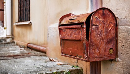 Vintage rusty old mailbox in a corner of the city