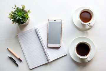 Minimalist white desk with a blank smartphone screen displaying a social media app, surrounded by coffee cups, notes,