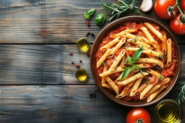 Delicious penne pasta in a rich tomato sauce, garnished with fresh basil, olive oil, and served on a rustic wooden table.