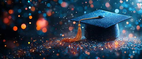 Graduation cap with tassel on a shimmering background with bokeh lights.