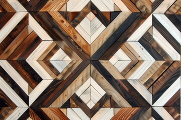 Geometric pattern made of wooden planks arranged in a chevron design, showcasing various shades of brown, black, and white. The texture of the wood is prominent, adding depth to the design.