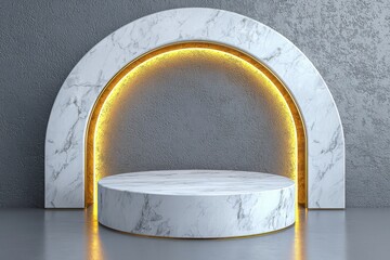 Wall Mural - Minimalist white marble pedestal with golden arc in modern studio setting