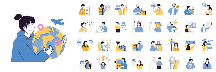 Aufkleber - Travel concept mega set with character scenes in flat design for web. Bundle situations with people go in vacation, travelling in global journey, booking tickets, planning trip. Vector illustrations.