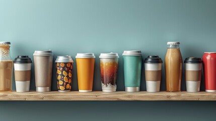 A picture of cans of energy drinks and cups of coffee on two shelfs,