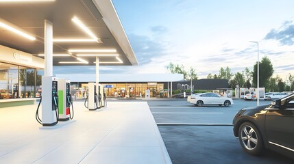 Modern gas station with charging stations for electric cars.