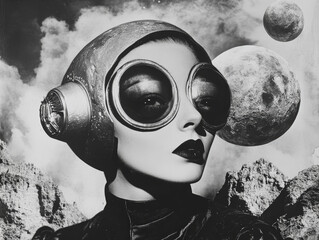 vintage futurism: a surreal space exploration collage. the image is a digital art or graphic design 