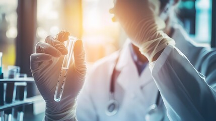 Wall Mural - a gloved hand holds up a test tube with a clear liquid, in a medical lab setting.