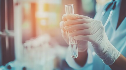 Wall Mural - a gloved hand holds a test tube filled with clear liquid.