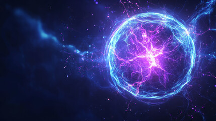 Blue purple energy sphere with glowing bright particles, atom with electrons and elektric magic field scientific futuristic hi-tech abstract background