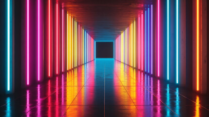 Colorful neon lamps in a dark corridor. Reflections on the floor. Empty background in the center. 3d rendering image