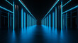 © Cavad - Dark hall with bright blue neon lights. Empty black space for text. Blurry reflections on the plates on the floor. Abstract black background. 3D rendering image