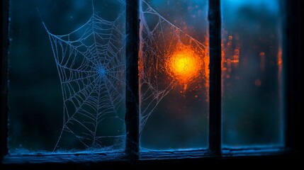 Spider webs on a window during dusk, with delicate threads stretched across the glass