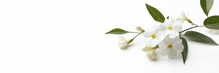 A graceful branch of white phlox flowers with green leaves on a pristine white backdrop. The image evokes concepts of purity, elegance, freshness, natural beauty, and serenity.