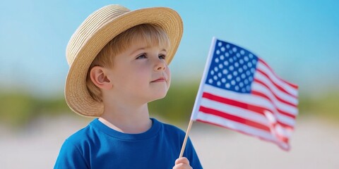 Wall Mural - little boy wearing hat and holding american flag on a sunny beach