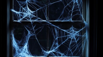 Spider webs on a window during dusk, with delicate threads stretched across the glass