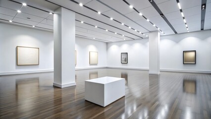 Modern museum interior with sleek white walls and polished floors, featuring a vacant pedestal and framed artwork