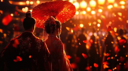 A loving couple dressed in traditional Chinese wedding attire stand under a canopy of lanterns, symbolizing love, tradition, and celebration. The warm glow of the lanterns casts a romantic light on th