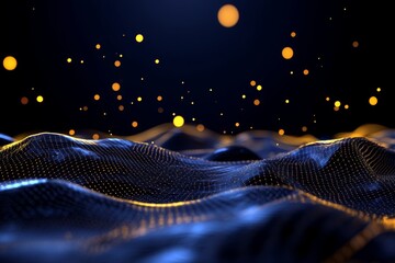 Canvas Print - A mesmerizing abstract digital landscape, featuring a dark blue terrain with glowing golden particles suspended in the air. The scene symbolizes innovation, technology, data, connection, and potential