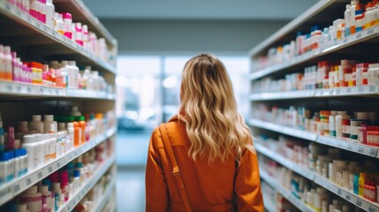  A woman with long blonde hair walks down a pharmacy aisle. The shelves are filled with bottles of medicine, most of them in various shades of blue, white, and orange.