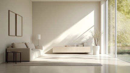 Poster - A sleek, minimalist living room with a neutral color palette, clean lines, and simple furniture, emphasizing a clutter-free and modern design.