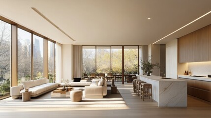 Poster - A spacious, open-concept living area with minimalist decor, large windows allowing natural light, and a few carefully selected pieces of furniture
