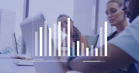 Poster - Animation of financial data processing over diverse colleagues discussing work in office