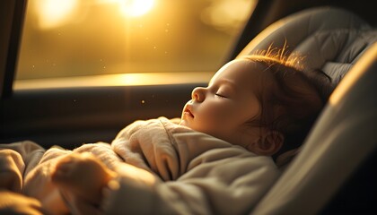 Wall Mural - Tranquil golden light enveloping a sleeping baby in a car seat, capturing a serene and pure moment of peaceful slumber.