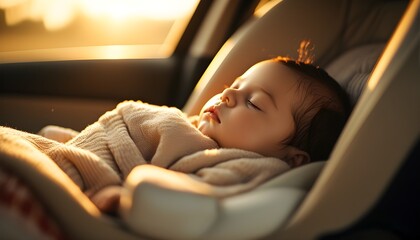 Wall Mural - Tranquil golden light enveloping a sleeping baby in a car seat, capturing a serene and pure moment of peaceful slumber.