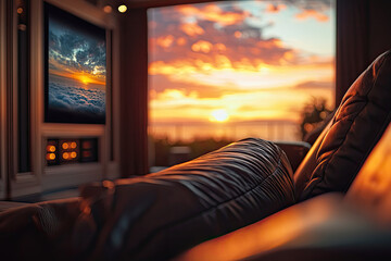 A luxurious home theater with stunning sunset view, featuring comfortable leather sofa and large screen displaying beautiful sky. warm colors create cozy atmosphere