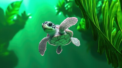 Wall Mural - A vibrant sea turtle gracefully swimming through lush green underwater vegetation, showcasing marine beauty and tranquility.