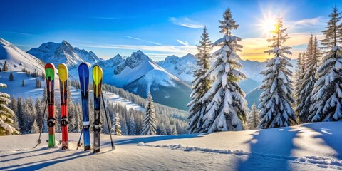 Mountainous winter landscape featuring colorful skis, poles, and snowflakes, set against a bright blue sky with subtle