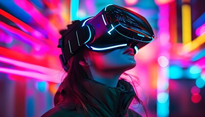 Immersive virtual reality experience with futuristic goggles and vibrant neon lights