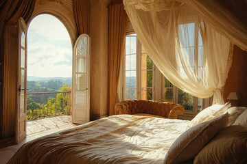 A luxury mansions bedroom featuring canopy bed, large windows, and stunning views. soft light creates serene atmosphere, perfect for relaxation and comfort