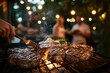 © vasyan_23 - Outdoor barbecue gathering with grilled steaks and friends under string lights