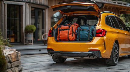 SUV Trunk Packed with Travel Gear Open in a City Setting