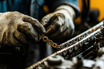 Wall Mural - A mechanic examining an engines timing chain for wear, showcasing detailed craftsmanship and precision in automotive repair. focus is on intricate components and mechanics skilled hands