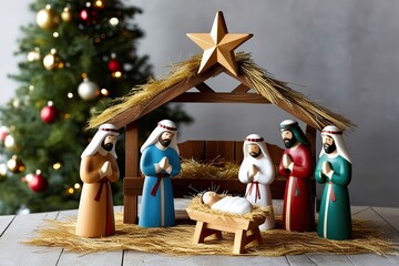 Heartwarming Christmas Nativity Scene Featuring a Wooden Manger and the Star of Bethlehem