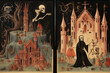 © swillklitch - Medieval styled occult art with skeleton and monsters. Ancient icon or old book illustration with mystic religious scene.