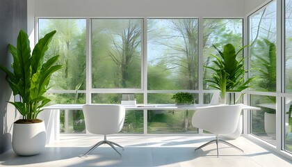 Chic office corner featuring modern white chairs, a sleek table, and a vibrant green plant illuminated by generous natural light from expansive windows