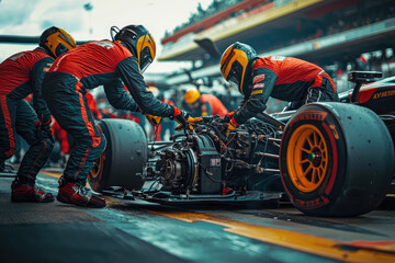 Wall Mural - A racing team working on car engine in pit lane, showcasing teamwork and precision under pressure. atmosphere is intense as they prepare for next race