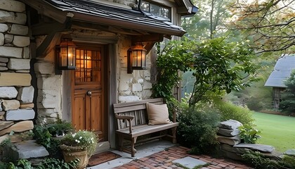 Charming cottage entrance featuring a wooden door, small bench, and traditional lantern, embodying serene countryside charm