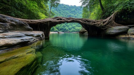 A natural living root bridge stretches over a calm green river surrounded by dense forest.