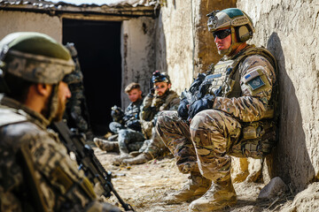 A Special Forces soldier coordinating with local forces in tactical environment, showcasing teamwork and focus. scene captures intensity and dedication of military operations