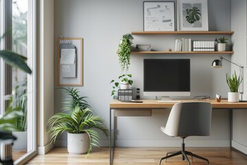 Sticker - A clean and organized office space with a desk, chair, and computer monitor, generative ai image