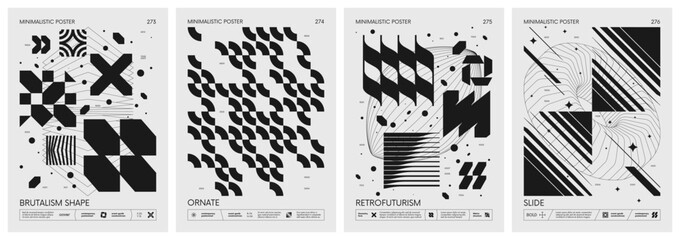 Leinwandbilder - Brutalist style vector minimalistic Posters with silhouette basic figures, Retro futuristic graphic elements of geometrical shapes rave composition, Modern monochrome print artwork, set 69