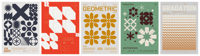 Leinwandbilder - Set modernism art colorful trendy poster, artwork minimalistic and  brutalism style, abstract geometric A4 rave postmodern composition, vector simple shapes print graphic in Y2K aesthetics, set 10