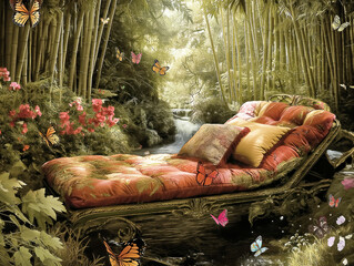 Wall Mural - A bed with a pillow and a blanket with butterflies on it. The bed is in a forest with a river nearby